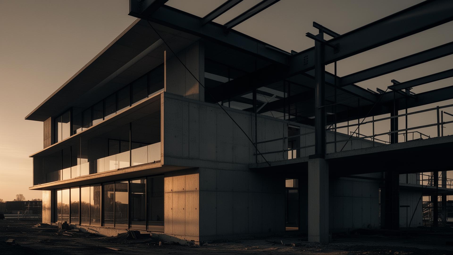 Modern building under construction at golden hour